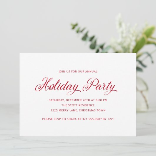 Eenvoudig Elegant Red Script Modern Holiday Party Kaart (Staand voorkant)