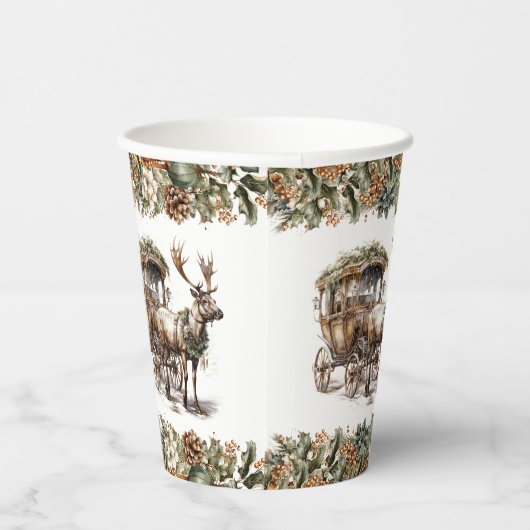 Eenvoudig elegant rendierwagen neutraal aards papieren bekers (Rechts)