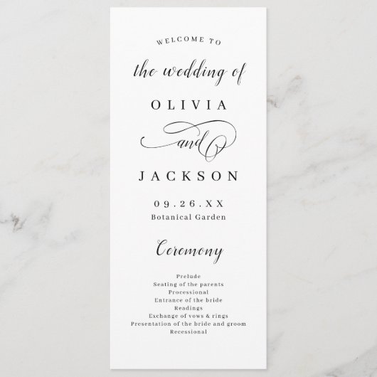 Eenvoudig elegant romantisch script bruiloft programmakaart (Voorkant)
