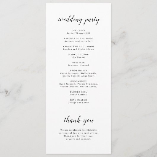 Eenvoudig elegant romantisch script bruiloft programmakaart (Achterkant)