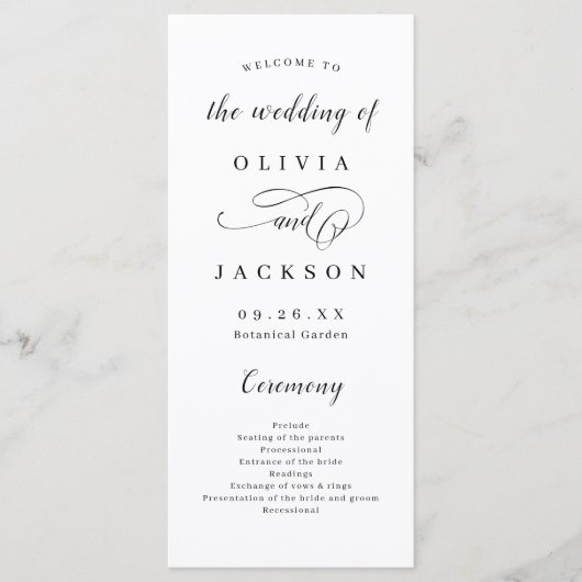 Eenvoudig elegant romantisch script bruiloft programmakaart (Voorkant)