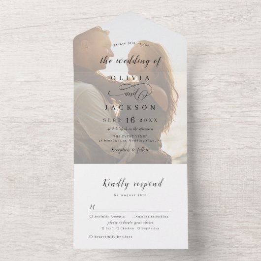 Eenvoudig elegant romantisch script foto bruiloft all in one uitnodiging (Binnen)