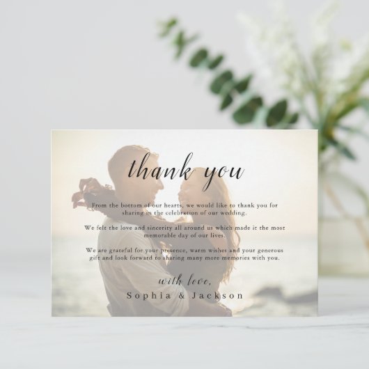 Eenvoudig elegant romantisch script foto bruiloft bedankkaart (Staand voorkant)
