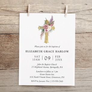 Eenvoudig Elegant Roos Boho Bloemenkruis Doop Kaart