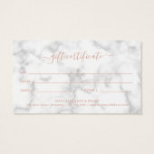 Eenvoudig Elegant Roos Gold Marble Gift Certificat Visitekaartje (Achterkant)