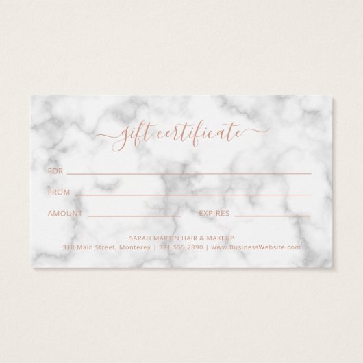 Eenvoudig Elegant Roos Gold Marble Gift Certificat Visitekaartje (Achterkant)