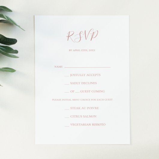 Eenvoudig Elegant Roos Gold Menu Keuze RSVP-kaart