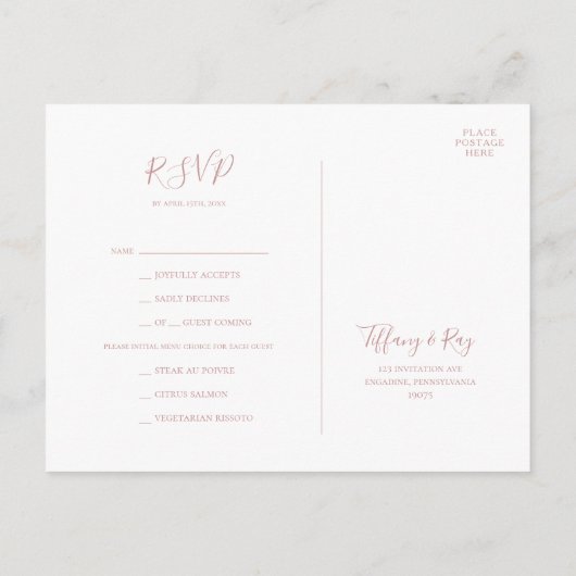 Eenvoudig Elegant Roos Gold Menu Keuze RSVP-kaart (Achterkant)