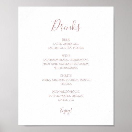 Eenvoudig Elegant Roos Gold Wedding Drink Menu Sig Poster (Voorkant)