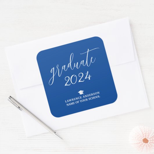 Eenvoudig Elegant Royal Blue 2024 Afstuderen Afstu Vierkante Sticker (Envelop)
