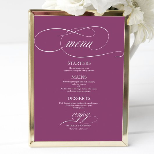 Eenvoudig Elegant Roze Cassis Bruiloft Menu Sign Poster