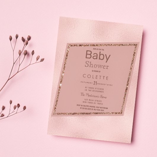 Eenvoudig Elegant Roze Gouden Glitter Baby shower Uitnodiging Briefkaart