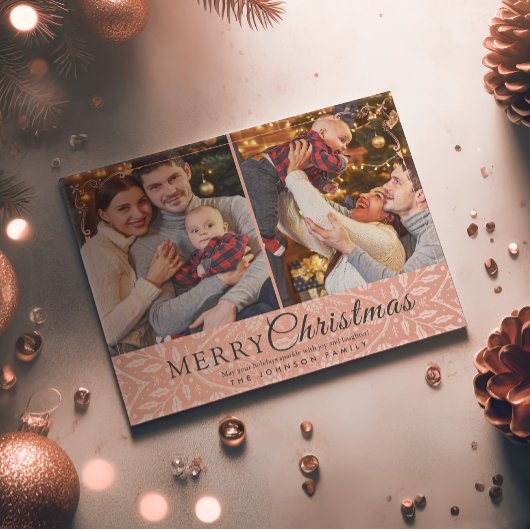 Eenvoudig Elegant Roze Lijst 2 Foto Kerstmis Feestdagenkaart