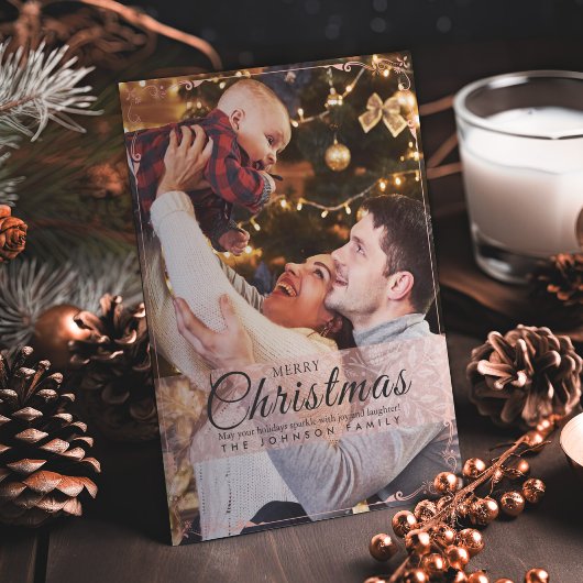 Eenvoudig Elegant Roze Lijst Foto Kerstmis Feestdagenkaart