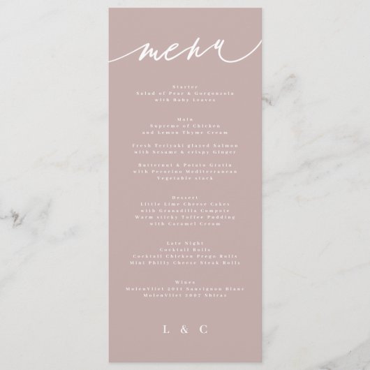 Eenvoudig Elegant Roze Taupe Calligraphy Wedding Menu (Voorkant)