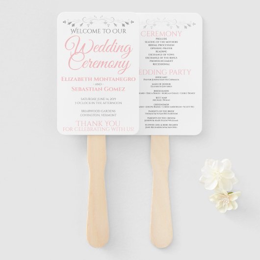 Eenvoudig Elegant Roze Wit & Grijs Huwelijksprogra Handwaaier (Voorkant en achterkant)
