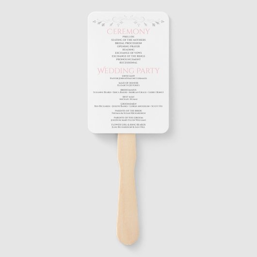 Eenvoudig Elegant Roze Wit & Grijs Huwelijksprogra Handwaaier (Achterkant)