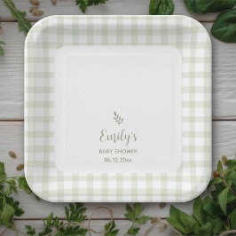 Eenvoudig Elegant Sage Green Gingham Baby shower Papieren Bordje