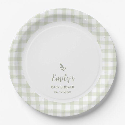 Eenvoudig Elegant Sage Green Gingham Baby shower Papieren Bordje (Voorkant)