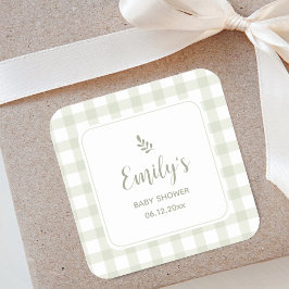 Eenvoudig Elegant Sage Green Gingham Baby shower Vierkante Sticker