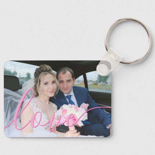 Eenvoudig Elegant Schrift Huwelijksfoto Roze Liefd Sleutelhanger (Voorkant)