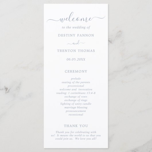 Eenvoudig Elegant Schrift Stofblauw Bruiloft Programmakaart (Voorkant)