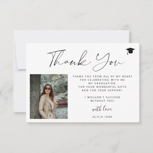 Eenvoudig elegant script 2 foto afstuderen bedankkaart (Voorkant)