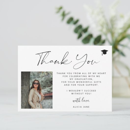 Eenvoudig elegant script 2 foto afstuderen bedankkaart (Staand voorkant)