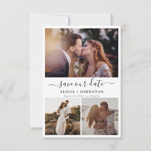 Eenvoudig elegant script 3 fotocollage bruiloft save the date (Voorkant)