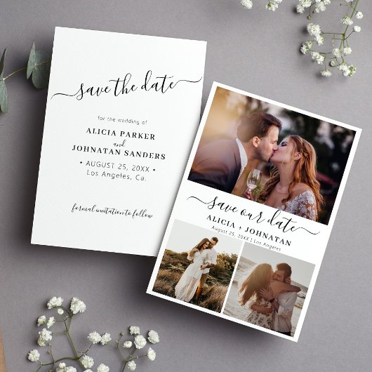 Eenvoudig elegant script 3 fotocollage bruiloft save the date