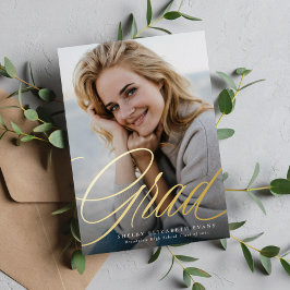 Eenvoudig elegant script afstudeerder één foto afs folie uitnodiging