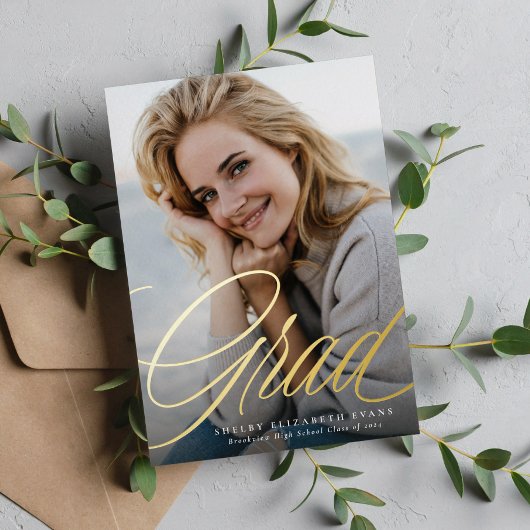 Eenvoudig elegant script afstudeerder één foto afs folie uitnodiging