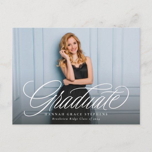 Eenvoudig elegant script afstuderen foto afstudere briefkaart (Voorkant)