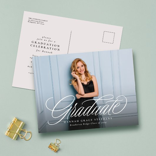Eenvoudig elegant script afstuderen foto afstudere briefkaart