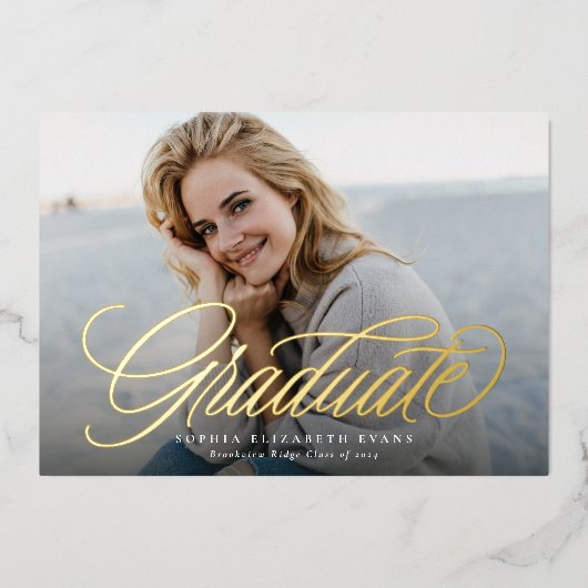 Eenvoudig elegant script afstuderen foto afstudere folie uitnodiging (Voorkant)