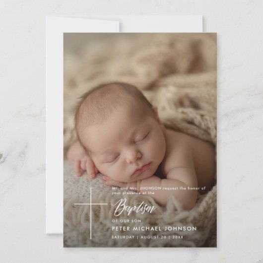 Eenvoudig Elegant Script Baby Boy Twee foto doop Kaart (Voorkant)