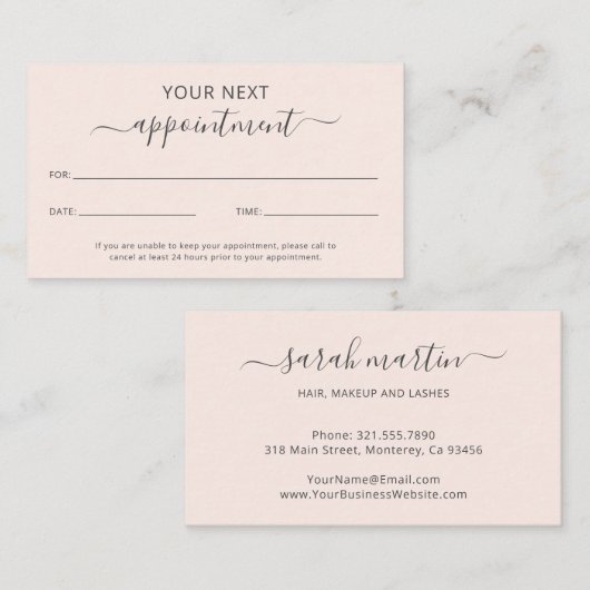 Eenvoudig elegant script Beauty Salon Blush Pink Afsprakenkaartje (Voorkant / Achterkant)