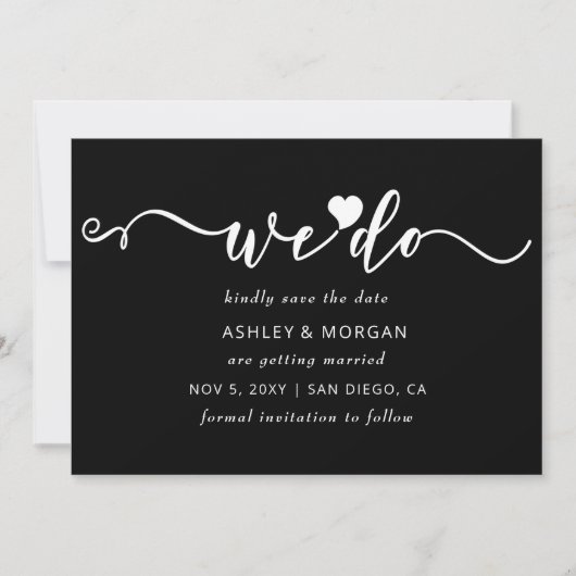 Eenvoudig Elegant Script Black en White Heart dat Save The Date (Voorkant)