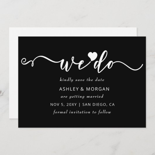 Eenvoudig Elegant Script Black en White Heart dat  Save The Date (Voorkant / Achterkant)