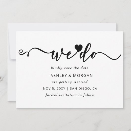 Eenvoudig Elegant Script Black en White Heart dat  Save The Date (Voorkant)