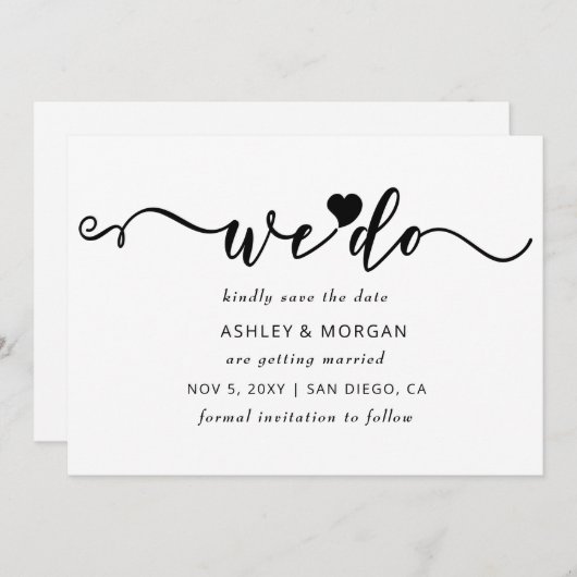 Eenvoudig Elegant Script Black en White Heart dat  Save The Date (Voorkant / Achterkant)