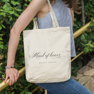 Eenvoudig Elegant Script Black & White Maid of Hon Tote Bag