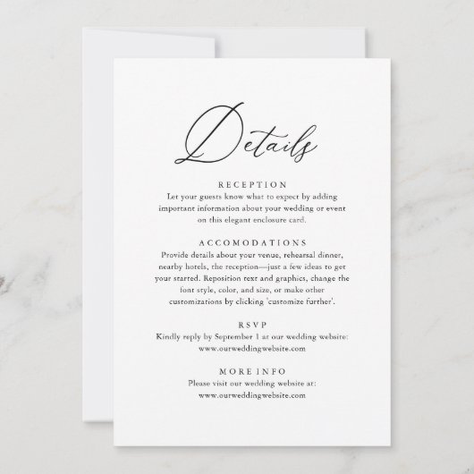 Eenvoudig Elegant Script De bruiloft van details Kaart (Achterkant)