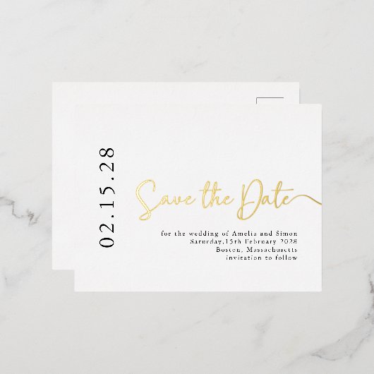 Eenvoudig elegant script de datum waarop het goud folie uitnodiging briefkaart (Voorkant / Achterkant)