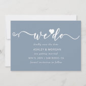Eenvoudig elegant Script Dusty Blue Heart dat we d Save The Date (Voorkant)