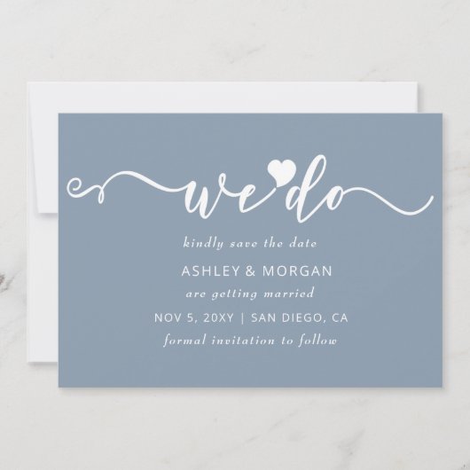 Eenvoudig elegant Script Dusty Blue Heart dat we d Save The Date (Voorkant)
