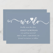 Eenvoudig elegant Script Dusty Blue Heart dat we d Save The Date (Voorkant / Achterkant)