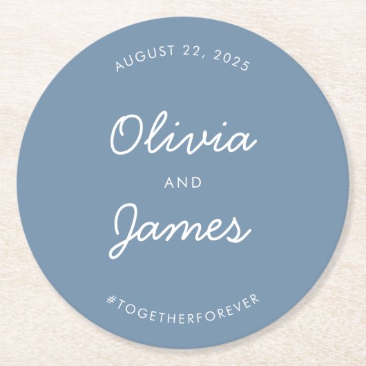 Eenvoudig Elegant Script Dusty Blue Wedding Hashta Ronde Kartonnen Onderzetter (Voorkant)