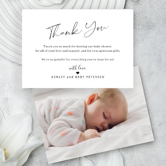 Eenvoudig elegant script foto bericht baby bedankkaart