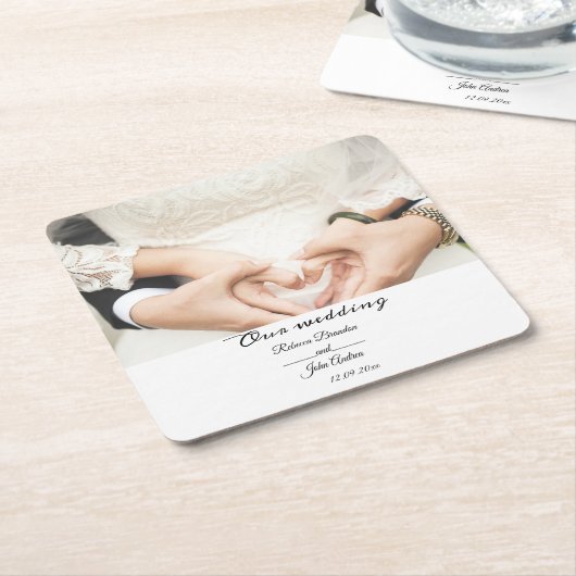 Eenvoudig Elegant Script Foto Bruiloft Party Kartonnen Onderzetters (Schuin)